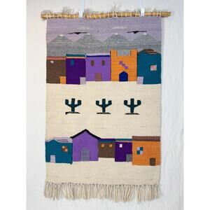 Vtg Artisans Southwest Tapestry Hanging Hand Woven‎ Art High Desert Mountains